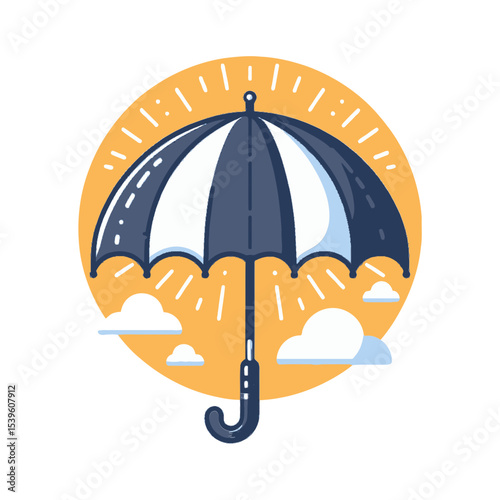 striped umbrella in blue and white, with sun rays and clouds. Ideal for blogs/websites about weather, insurance, protection, sunny days, or outdoor safety.