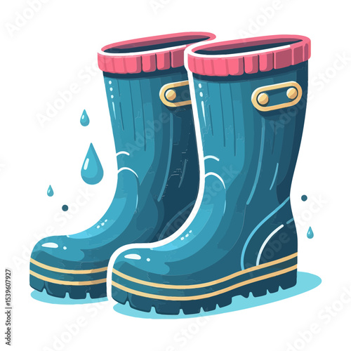 pair of teal blue rain boots with pink trim and yellow stripes, with water drops. Ideal for blogs/websites about rainy weather, gardening, outdoor activities, or children's fashion.