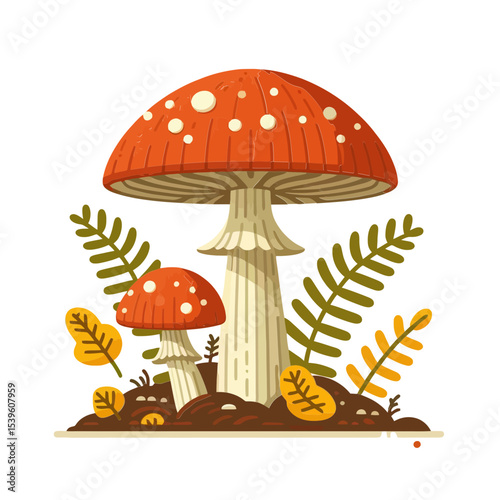This image of red spotted mushrooms among foliage is ideal for websites and blogs about nature, forests, autumn, fairy tales, fungi, and woodland themes.

