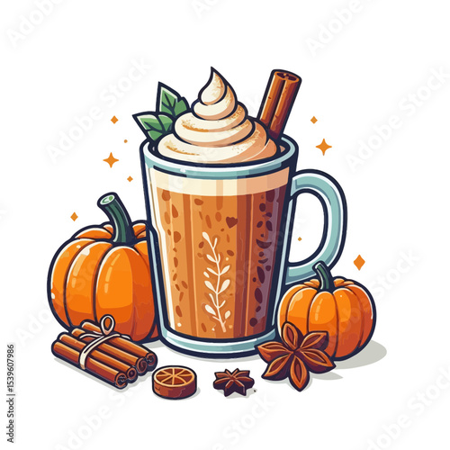 This image of a pumpkin spice latte with whipped cream and spices is perfect for websites and blogs about autumn drinks, cozy recipes, coffee shops, and seasonal menus.

