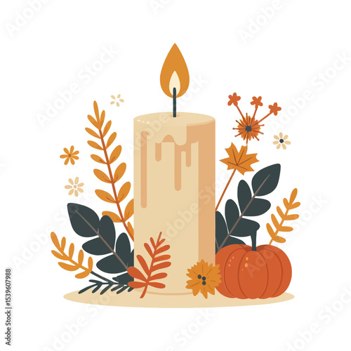 This image of a lit candle surrounded by autumn leaves and a pumpkin is perfect for websites and blogs about fall themes, Thanksgiving decor, cozy home settings, and seasonal celebrations in the Unite