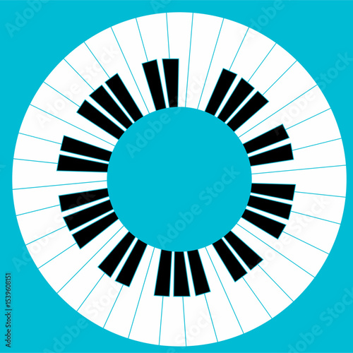 Frame of circular piano keyboard vector, abstract radial music keys design, black and white keys on blue background, ideal for posters, album covers, logos, and education.