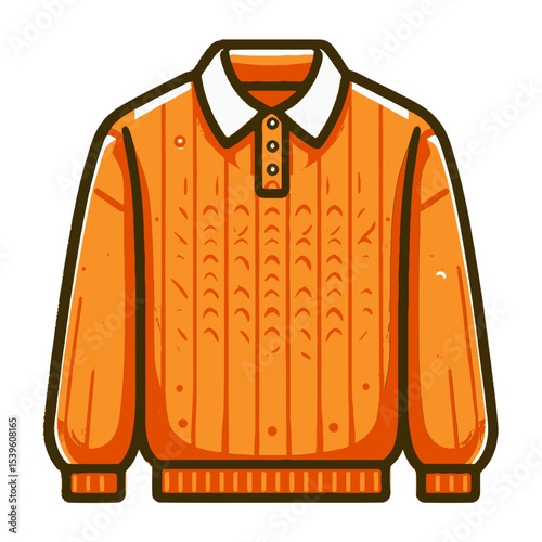 An orange polo sweater with a white collar and button placket. Ideal for fashion blogs, e-commerce sites, or articles on knitwear and casual wear.