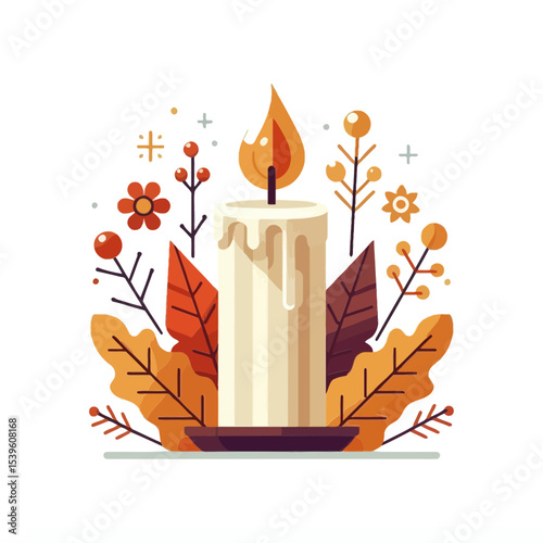 A lit candle on a saucer, surrounded by stylized autumn leaves and flowers. Ideal for blogs/websites about fall, holidays, home decor, relaxation, or spiritual themes.

