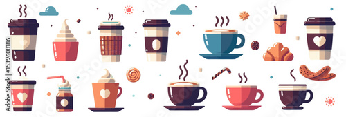 collection of stylized coffee and tea cups, mugs, and takeaway cups with steam and accompanying pastries. Ideal for blogs/websites about cafes, beverages, breakfast, or coffee culture.