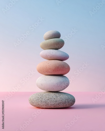 Balanced stack of smooth pastel stones in calming minimalist zen composition with soft gradient background for wellness and mindfulness content