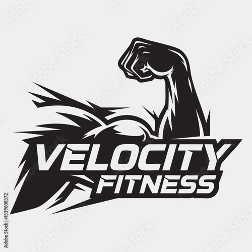 Vector Logo: Flexed Bicep & "VELOCITY FITNESS" - Dynamic Training Emblem.