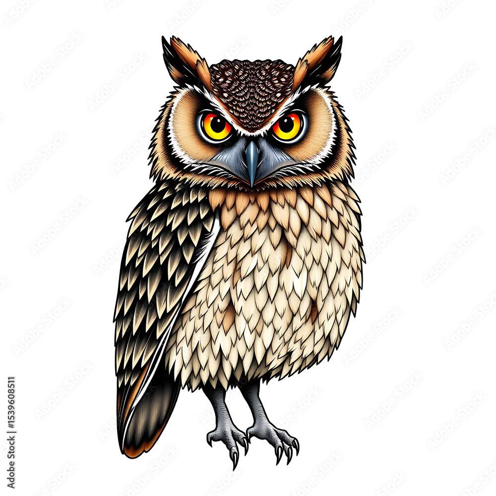 Fototapeta premium Wise Owl Illustration Detailed Feathered Bird Portrait