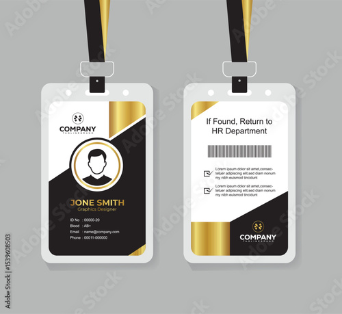 Modern Black and Gold Office ID Card Design with QR Code for Company Staff and Employee