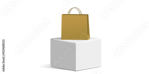 White cube block podium, stage, pedestal, and platform with a blank shopping bag vector. Perfect for retail promotions, product launches, sales, and e-commerce visuals.