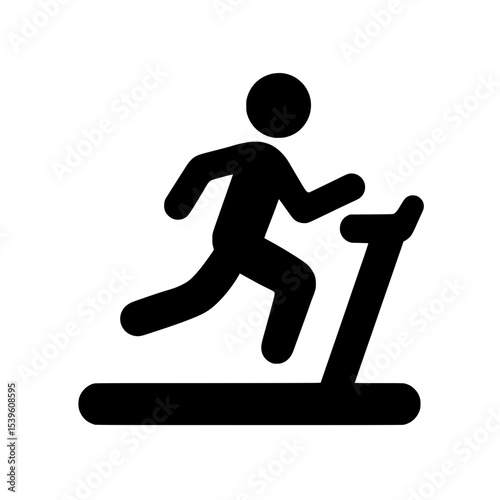 Treadmill running icon in black silhouette, Simple black symbol of a person jogging on a treadmill, representing fitness, exercise, gym activity, or cardio workout.

