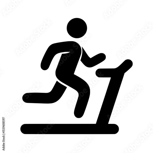 Treadmill running icon in black silhouette, Simple black symbol of a person jogging on a treadmill, representing fitness, exercise, gym activity, or cardio workout.

