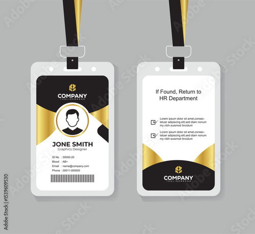 Modern Black and Gold Office ID Card Design with QR Code for Company Staff and Employee
