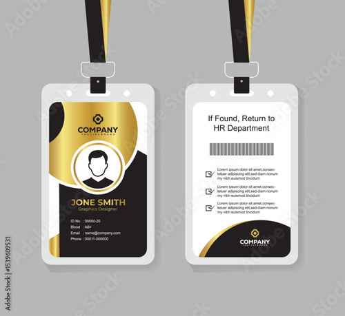 Modern Black and Gold Office ID Card Design with QR Code for Company Staff and Employee