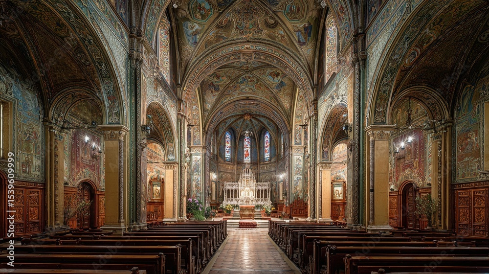 Obraz premium Historic Church Interior with Stained Glass/歴史的キリスト教会の内部：ステンドグラス8