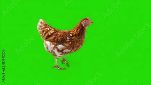 A chicken walking in front of a green background. The chicken has a brown and white pattern, which makes it look beautiful. A symbol of spring and fertility