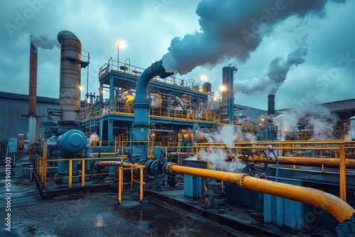 Old-style heavy industry factory with thick smoke, exposed piping, and mechanical noise, vintage machinery working alongside humans, moody polluted sky