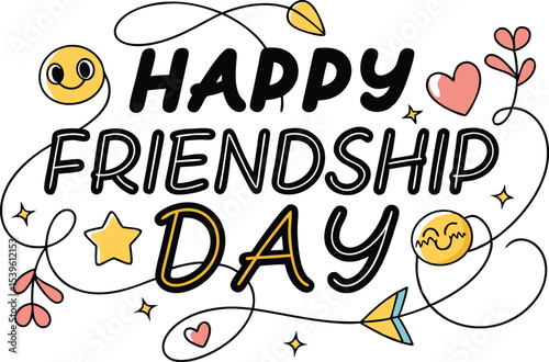 Happy Friendship Day Typography T Shirt Design. Stylish Friendship Day Lettering for Black Shirt. Modern Happy Friendship Day T Shirt Graphic. Friendship Day Typographic Art for Apparel