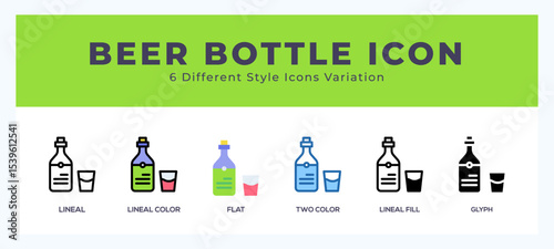 Beer bottle icon set with different styles. Vector illustration.