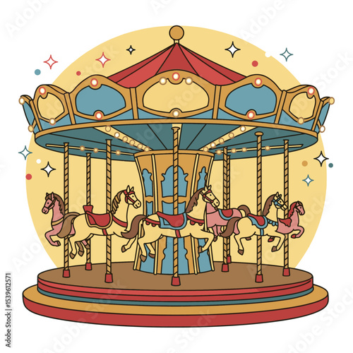 Colorful carousel horses on a vintage merry-go-round offer classic fun and amusement at the park