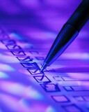 Futuristic Vote Counting Checklist with Ballpoint Pen and Neon Blue LED Lighting Symbolizing Precision and Systematic Verification in Modern Administrative Work