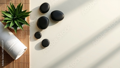Minimalist Wellness Background with Spa Massage Stones, Natural Light, and Copy Space | Top View