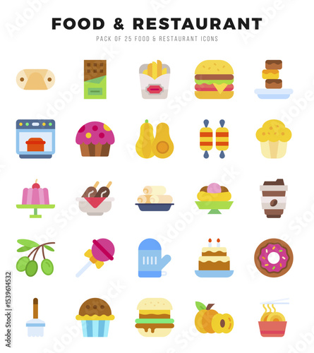 Vector Food and Restaurant types icon set in Flat style. vector illustration.