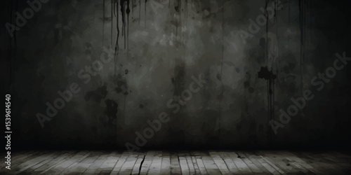Fototapeta Naklejka Na Ścianę i Meble -  old grunge room, old grunge interior, dark old concrete wall and wooden floor background texture poster 3d illustration
