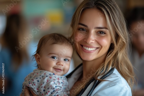 Smiling Pediatrician Holding Infant During Routine Health Exam