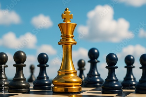 Glistening Golden Chess King Stands Tall Against a Cloud-Scaped Sky, symbolizing leadership and strategic prowess within the game of business.