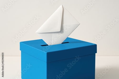 Blue Ballot Box Securing Vote Depicts a clean, modern, and minimalist image symbolizing election day, white envelope slips into the box signifying civic responsibility.