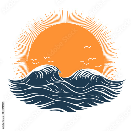 Sunrise over ocean waves illustration, Vibrant vector artwork of a bright yellow sun rising above stylized blue ocean waves, symbolizing new beginnings, nature, and peace.

