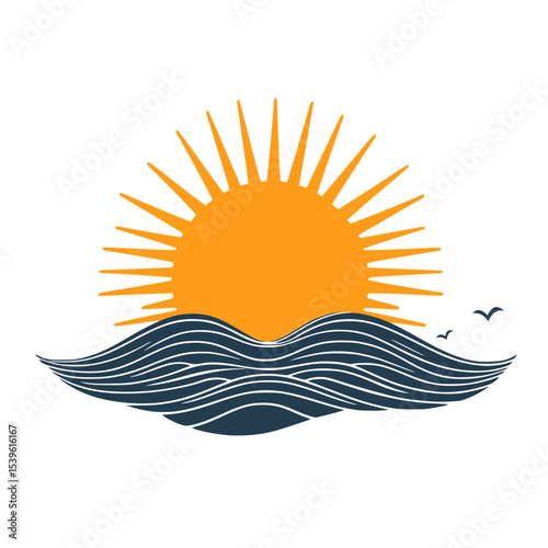 Sunrise over ocean waves illustration, Vibrant vector artwork of a bright yellow sun rising above stylized blue ocean waves, symbolizing new beginnings, nature, and peace.

