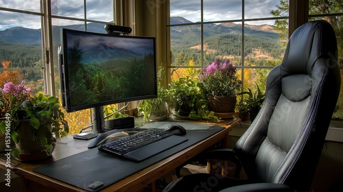 Home office setup overlooking mountains nature view ergonomic workspace serene environment captured from inside