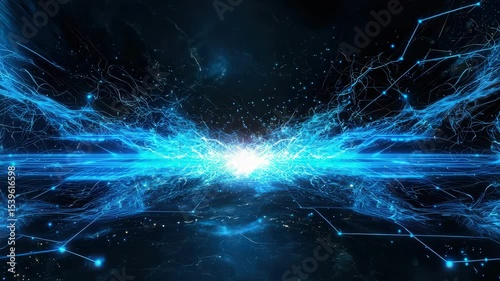 A burst of vibrant blue energy and light streaks explodes from the center against a dark, cosmic background.