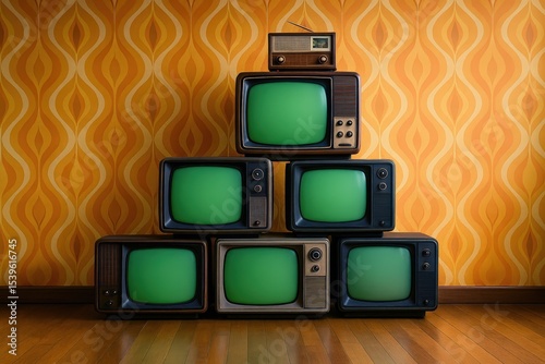 Nostalgic Pyramid of Vintage Televisions Stands Proudly, showcasing radiant green screens reminiscent of seventies media rooms.