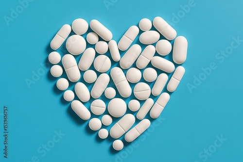 Pill Heart Symbol on Blue Represents Medical Care A close-up arrangement of white pills forms a heart shape against a clean blue backdrop, symbolizing healthcare, love, and compassion.