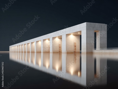 Modern flood barrier with concrete and steel structure, dynamic geometric pattern, high-definition aerial view, coastal protection technology for engineering branding photo