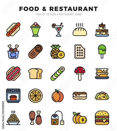 Food and Restaurant icons Pack. Lineal Color icons set. Food and Restaurant collection set.