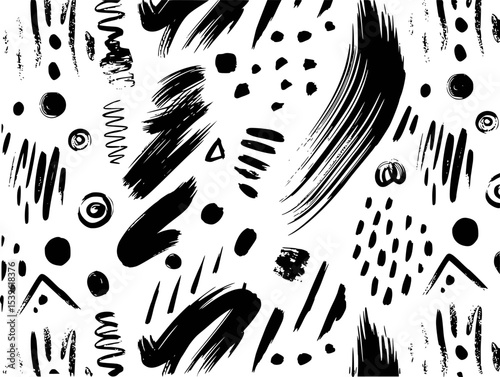 Black and white abstract grunge brushstrokes seamless pattern for artistic backgrounds and textures