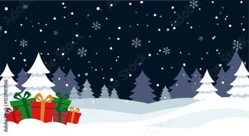 Snowy winter landscape with Christmas gifts and evergreen trees  