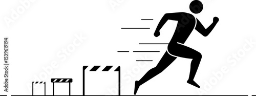 Black silhouette of a runner sprinting over obstacles in motion  