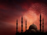 Festive Mosque Silhouette with Fireworks Celebrating Eid Festival in Warm Intimate Aesthetic for Spiritual and Community Branding