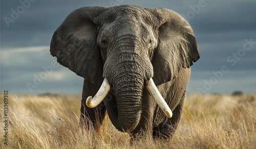 A large elephant with tusks stands in a field