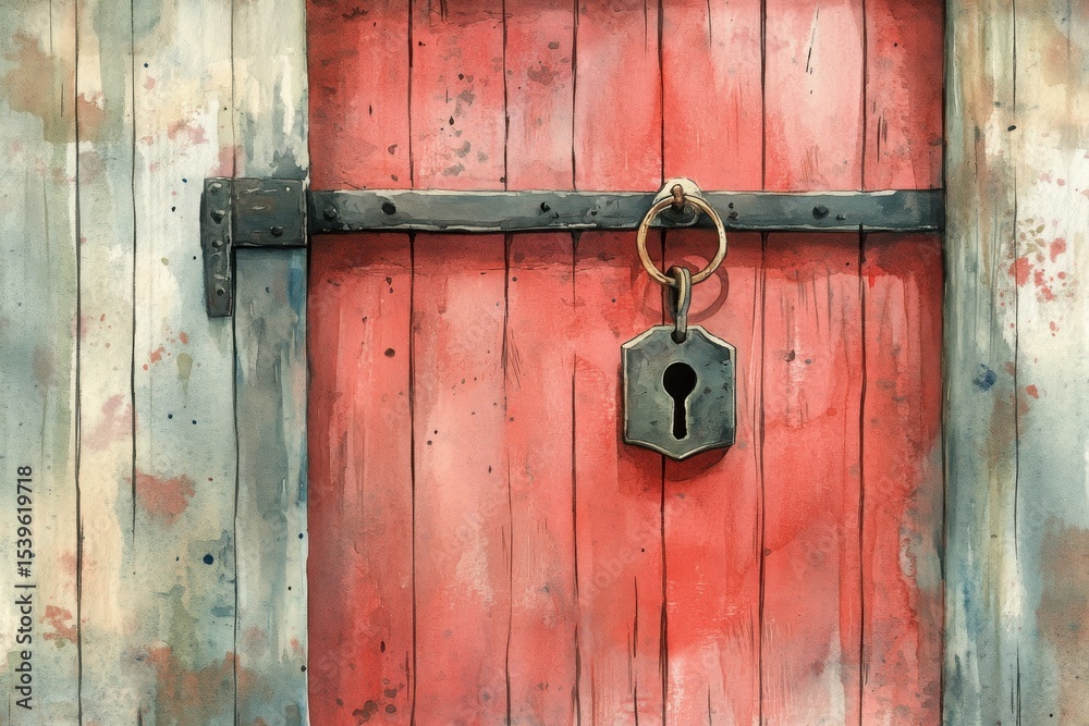 A weathered red wooden door secured with a vintage iron lock and latch, showing signs of age and rustic charm. A weathered red wooden door secured with a vintage iron lock and latch, showing signs of age and rustic charm.