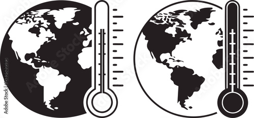 Global Warming Earth Icon - Climate Change Vector Symbol with Thermometer