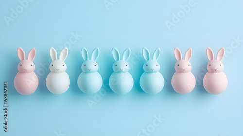 Easter decorations concept. Top view photo of colorful easter eggs and bunnies