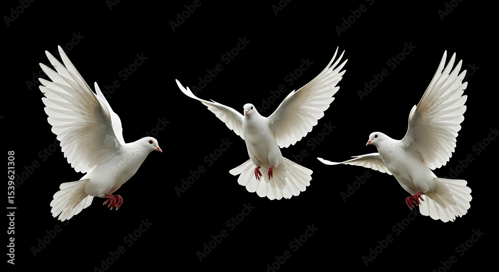 Fototapeta premium Three white doves in flight peaceful birds soaring freedom hope