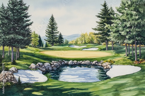 Watercolor golf course scene.  A tranquil fairway with a pond, surrounded by evergreens.  Soft light highlights the green.  Rocky outcrops frame the pond