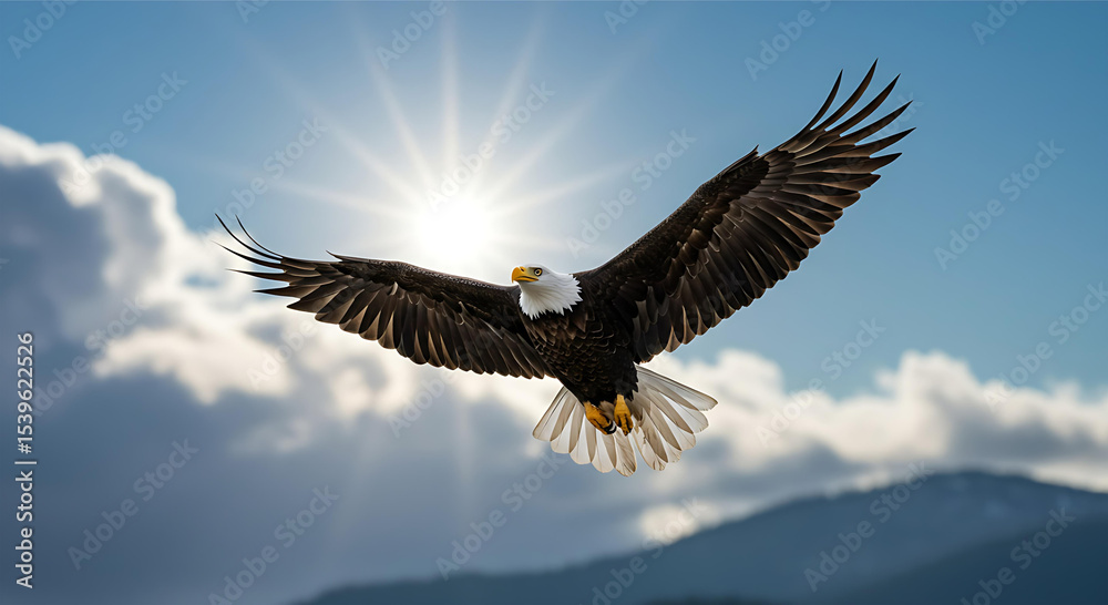 Fototapeta premium A majestic bald eagle soaring in the sky with its wings fully spread, glowing sun behind its wings